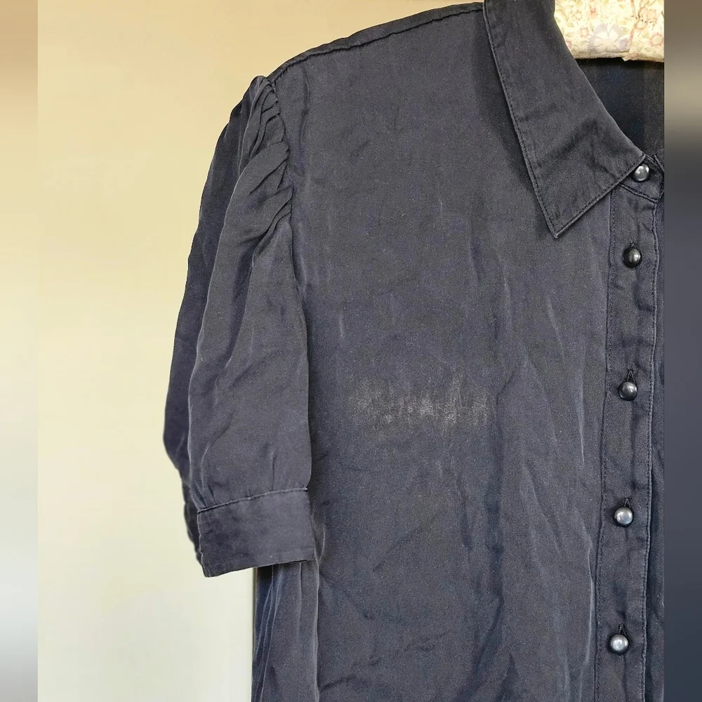 Quince Washable Stretch Silk Puff Sleeve Blouse Black - Picture 3 of 9